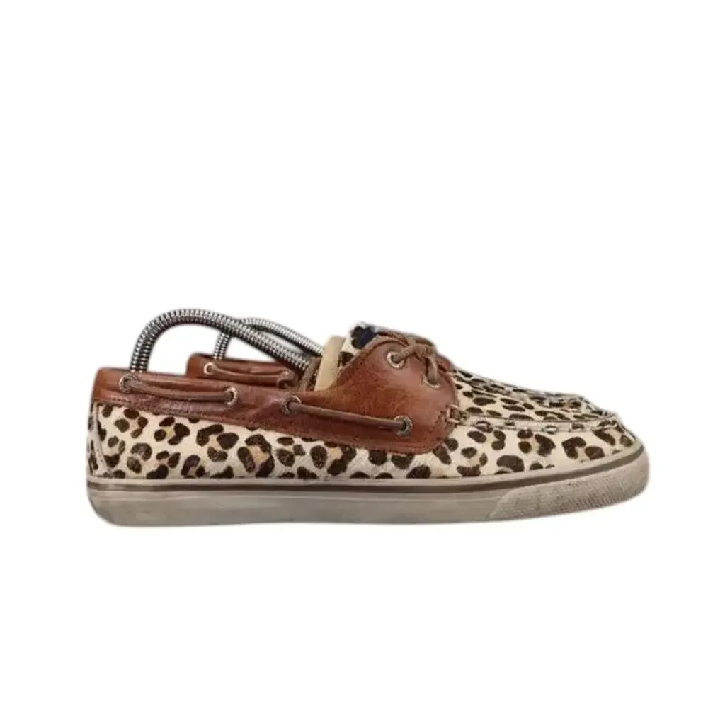 Sperry Shoes Womens 8.5 Top Sider Boat Deck Leather Leopard Print Fashion Preppy